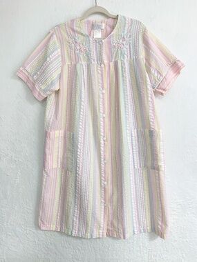 Collette by Miss Elaine Pastel Stripe Seersucker Housecoat Sz M